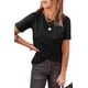 thumbnail image 4 of ABPHQTO Camiseta de manga corta enrollada de color liso negro para mujer, 4 of 5