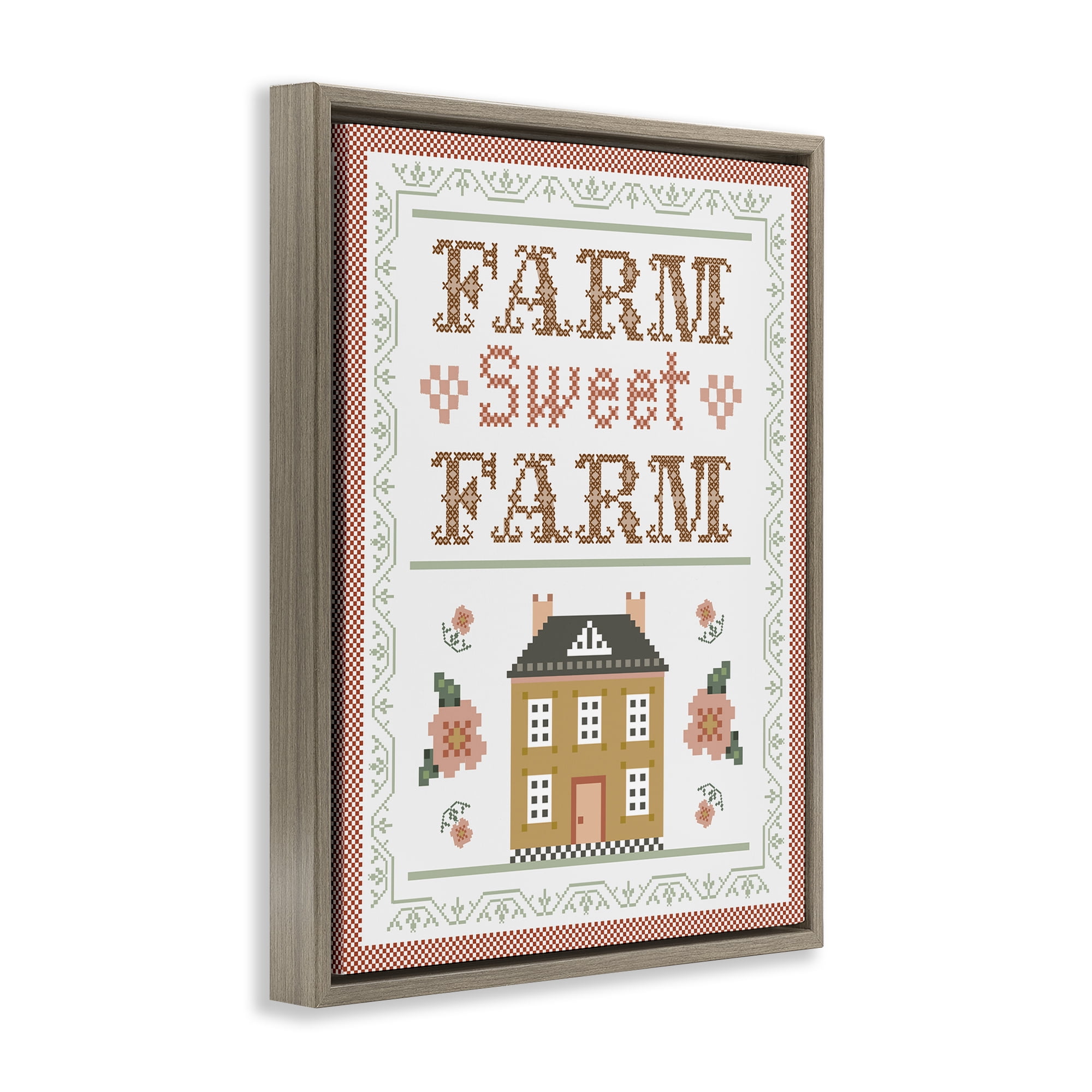 Stupell Industries Sweet Farm Needlepoint Style Text & Numbers Painting Brown Floater Framed Canvas Art Print Wall Art, 17 x 21