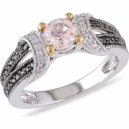 1/2 Carat T.G.W. Morganite and 1/4 Carat T.W. Black and White Diamond Sterling Silver Double-Row Ring