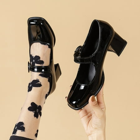 

TALKVE Leisure Women s Four Seasons Artificial Leather Solid Color Non Slip Square Heel Square Toe Breathable Buckle Strap Lazy Shoes