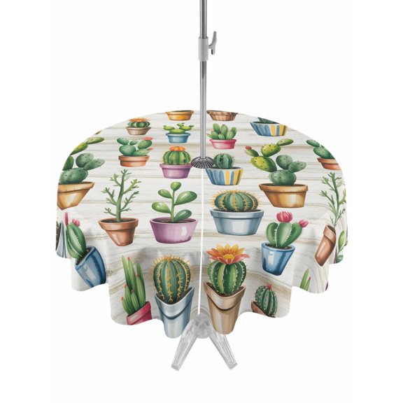Outdoor Tablecloth with Umbrella Hole for Patio/Picnic/Party/Camping, Tropical Cactus Waterproof Table Cloth Round Cover Washable, Spring Summer Potted Plants Wooden (Dia 60")