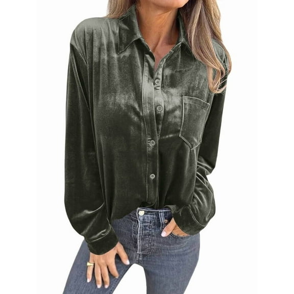 Womens Winter Velvet Long Sleeve Button Down Casual Tops Shirts Army Green L