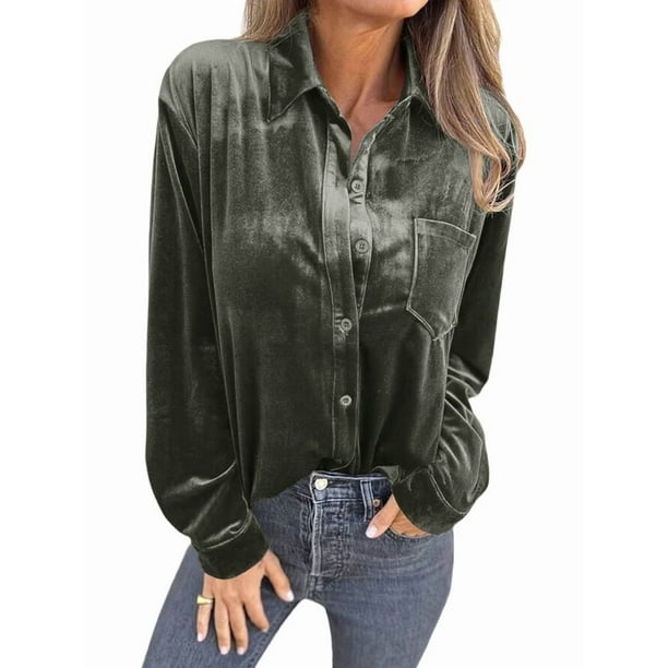 Camisetas Casuales de Larga con Botones de Terciopelo de Invierno para Mujer Verde XL