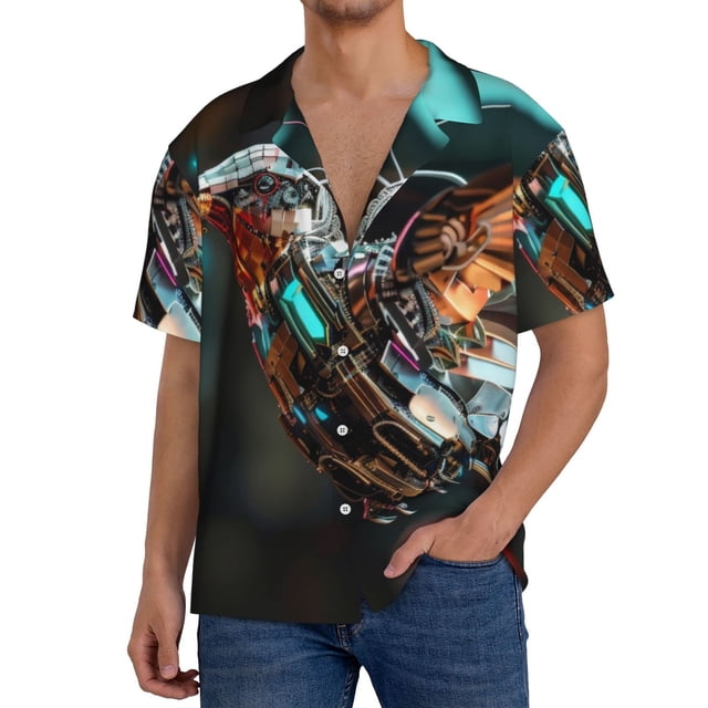Balery Futuristic Robot Hummingbird Camisa Casual de Manga Corta con Botones para Hombre, Texturizada, Estilo Cubano, para Playa, Verano-XX-Large