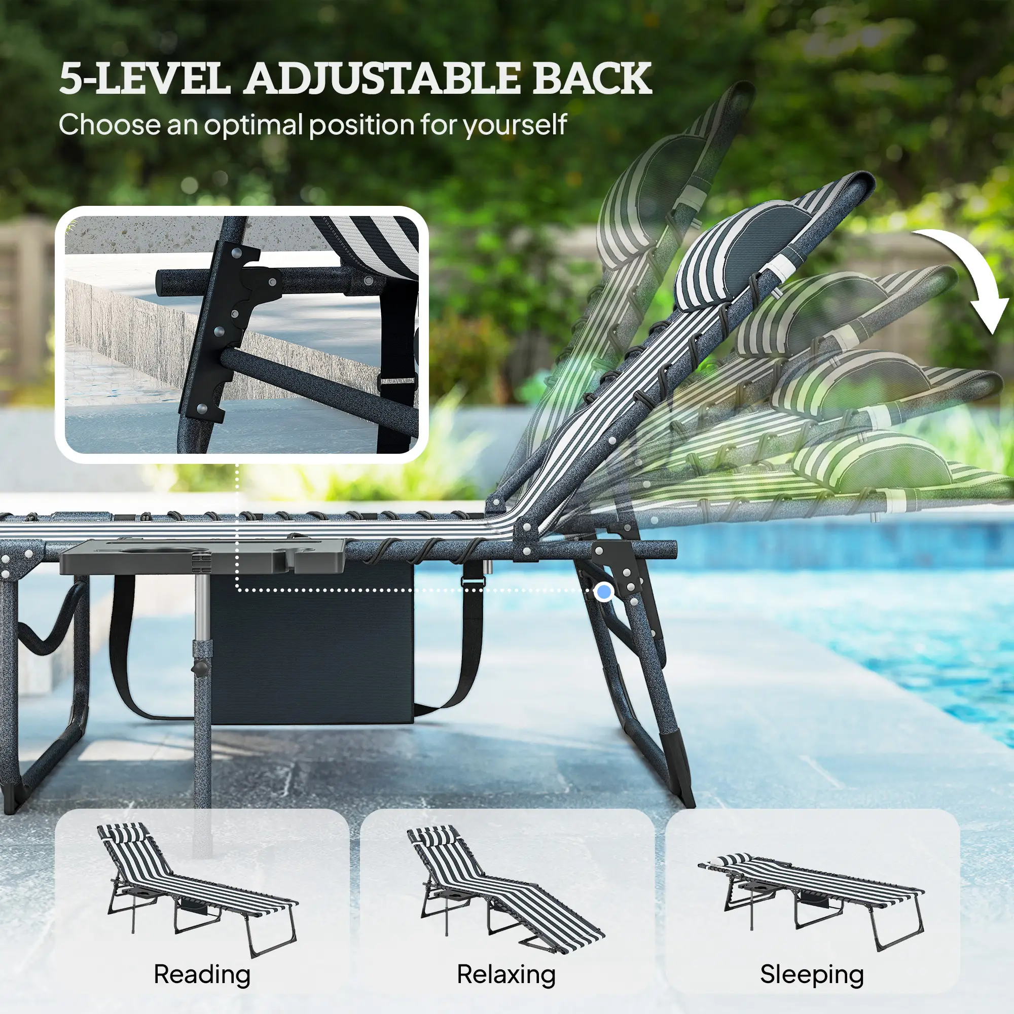 Outdoor Folding Sun Lounger 5-Position Adjustable Recliner with Padded Head Pillow, Side Pocket & Tray Table 600D Oxford Fabric Heavy-Duty Pool Beach Chair