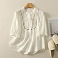 thumbnail image 2 of Vestidos Casuales Para Mujer, Blusas De Mujer De Moda Blusa de lino sintético con botones bordados para mujer, manga 3/4 y cuello alto, 2 of 4