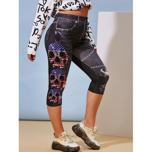 Talla grande 3D Skull bandera americana Imprimir Capri Leggings Rosegal Leggings de talla grande