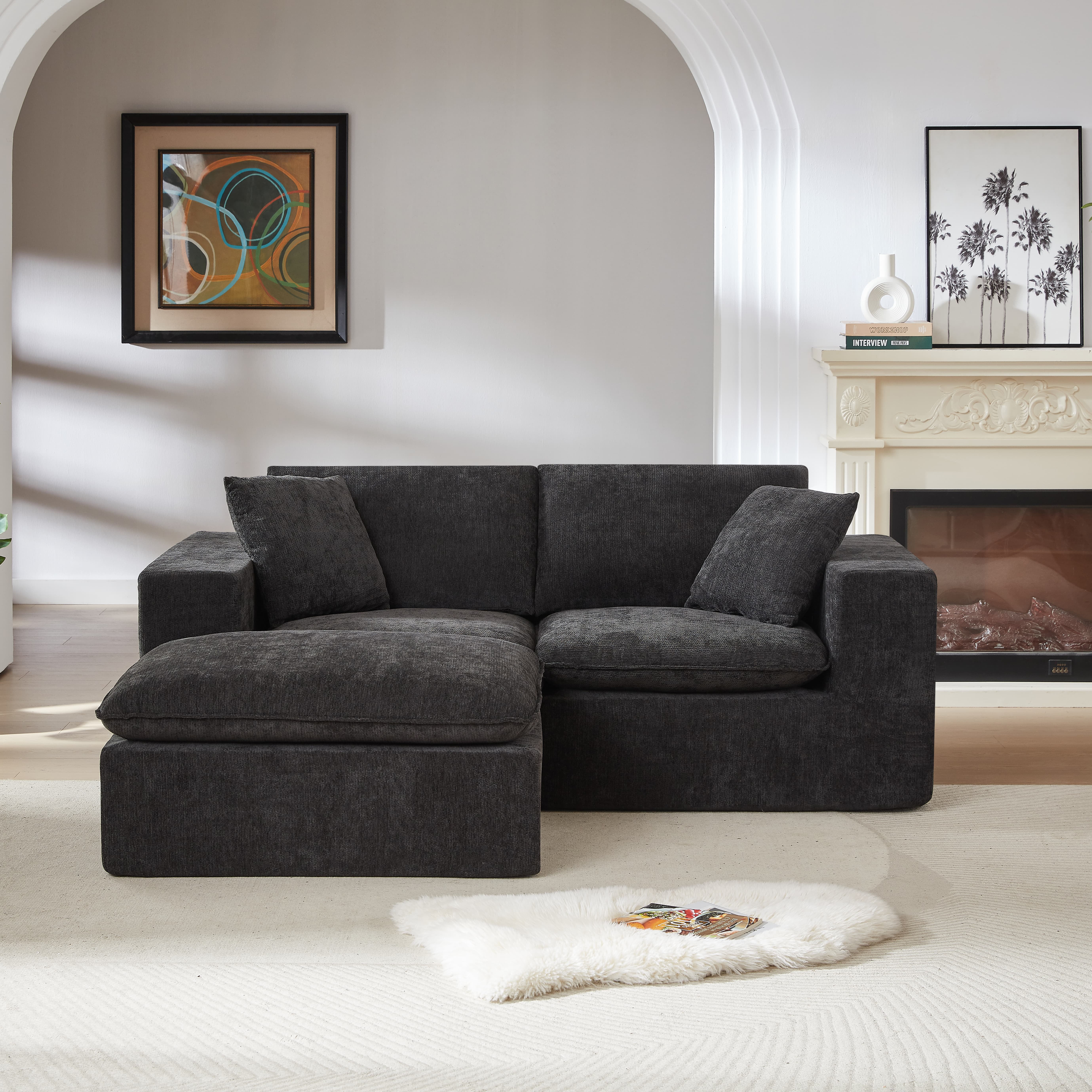 MAYEERTY Modern Modular Chenille Sofa, Black Cloud-Soft Sectional Couch for Living Room