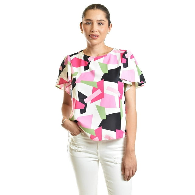 Blusa estampada de manga corta Roman Fashion, Juvenil, 5118 (Abstracto rosa) rosa M