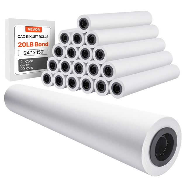 VEVOR Rollos de Papel de Formato Ancho, 609,6 mm Ancho x 45,7 m Largo, 20 Rollos, Pulpa de Madera Pura, para Dibujos CAD, Planos Técnicos, Mapas GIS, Diseños Arquitectónicos, Blanco Brillante