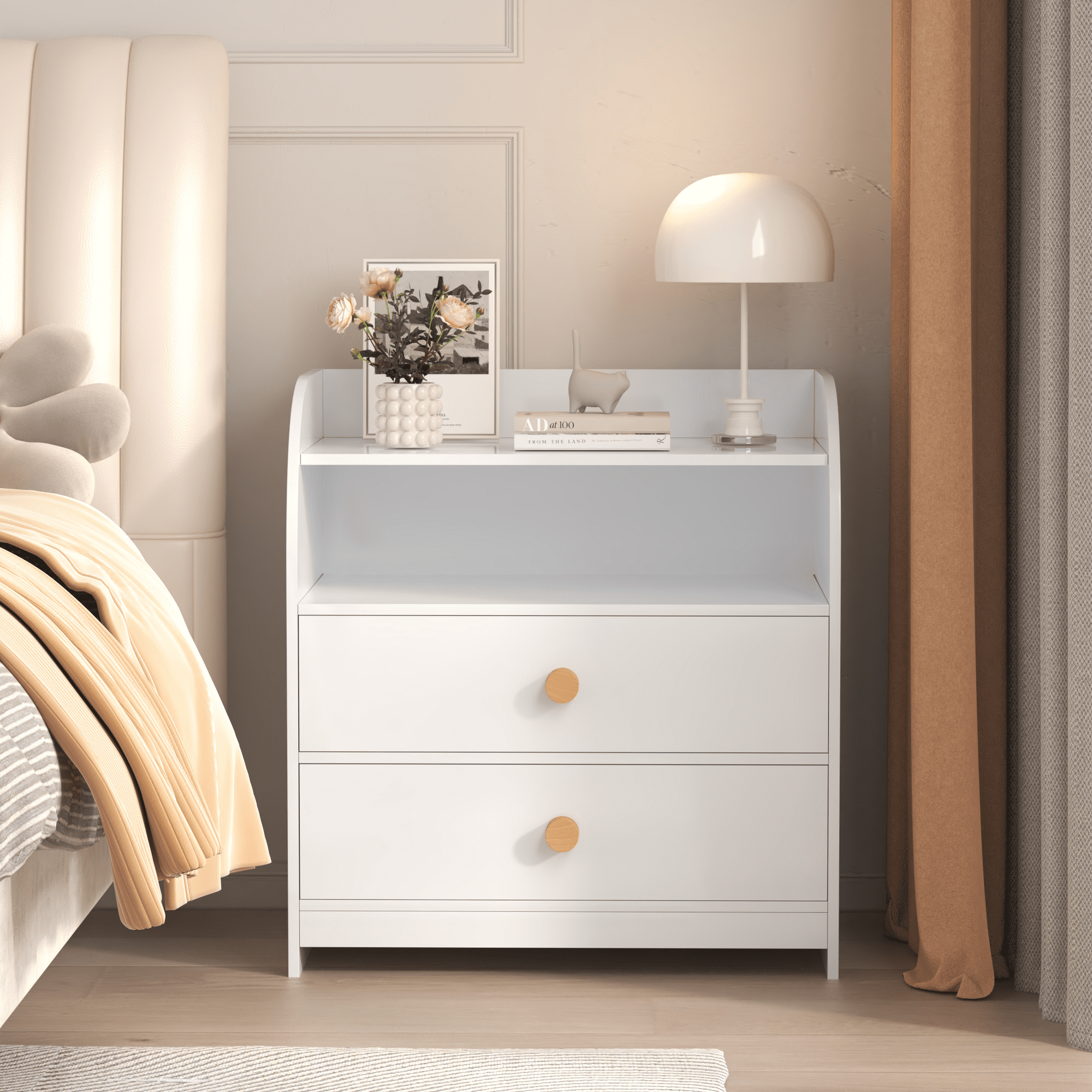 Leumius White Nightstand with 2 Drawers and Open Shelf,Curved Side Panel Wood Bedside Table for Bedroom/Living Room