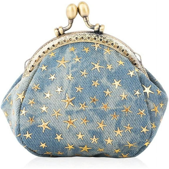 Five-Pointed Star Coin Purse Denim Change Pouch Wallets Buckle with Kisslock Clasp Coin Holder Clutch Handbags for Women Ladies