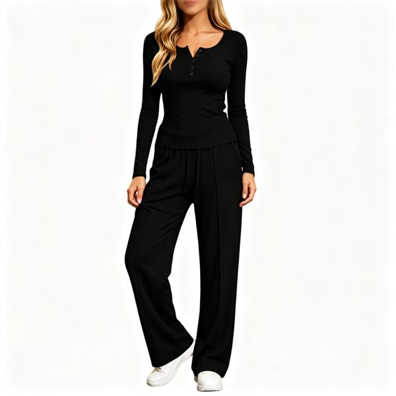 FAZVAOO Womens Lounge Sets,Henley Long Sleeve Slim Top Drawstring Wide Leg Pants Sets Black L