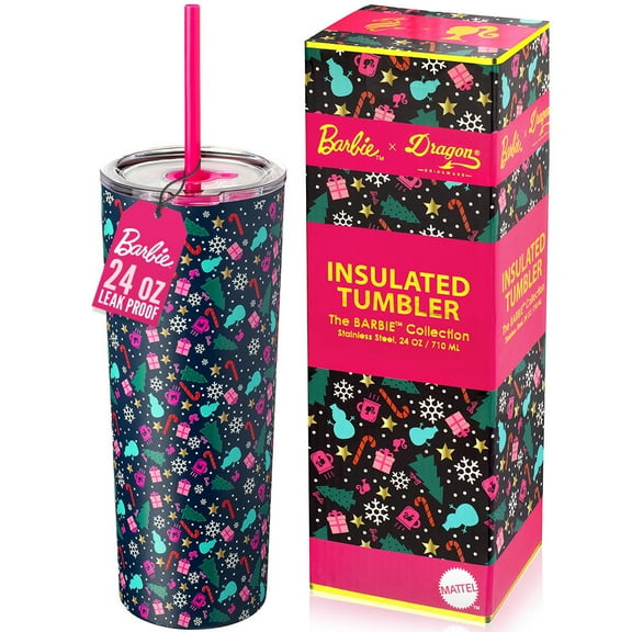 Barbie x Dragon Glassware 24 oz Vacuum Insulated Tumbler with Lid and Straws, Christmas