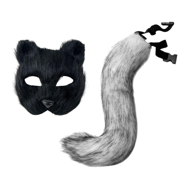 Máscara de gato falsa con cola, accesorio para niñas y mujeres, ideal para mascaradas y ferias. Gris Negro