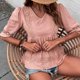 thumbnail image 5 of Blusa con costuras de encaje con escote en V, blusa informal ajustada con encaje en contraste, camisa para mujer, verano, rosa, M, 5 of 7