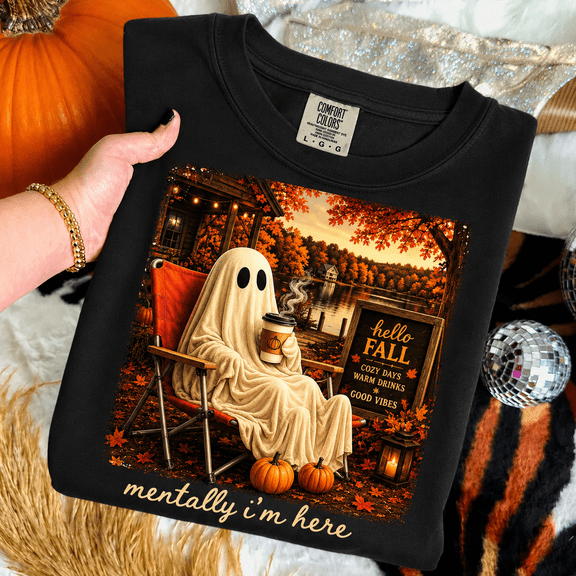 Mentally I’m Here Fall Ghost Comfort Colors Shirt, Cozy Autumn Pumpkin Coffee Graphic Tee, Halloween Gift for Women