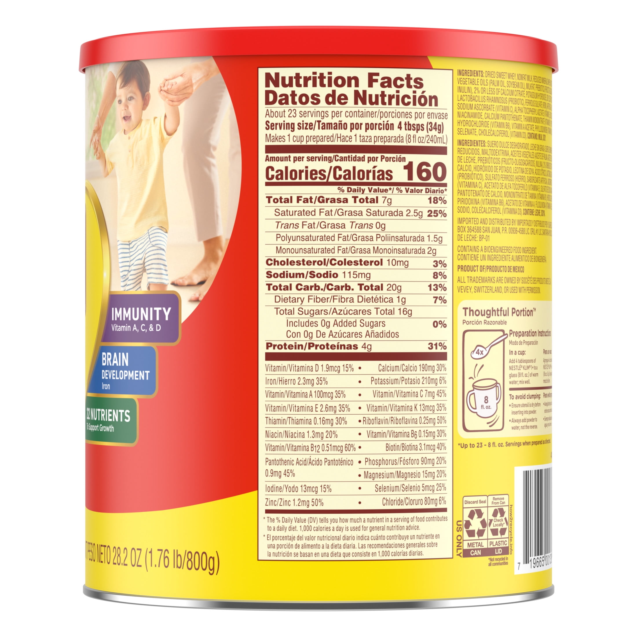 (12 pack) Nestle Klim Kinder 1+ Powder Immunity Probiotic Toddler Milk Beverage Mix with Vitamins A, C, D, Iron & Zinc, 28.2 oz Canister