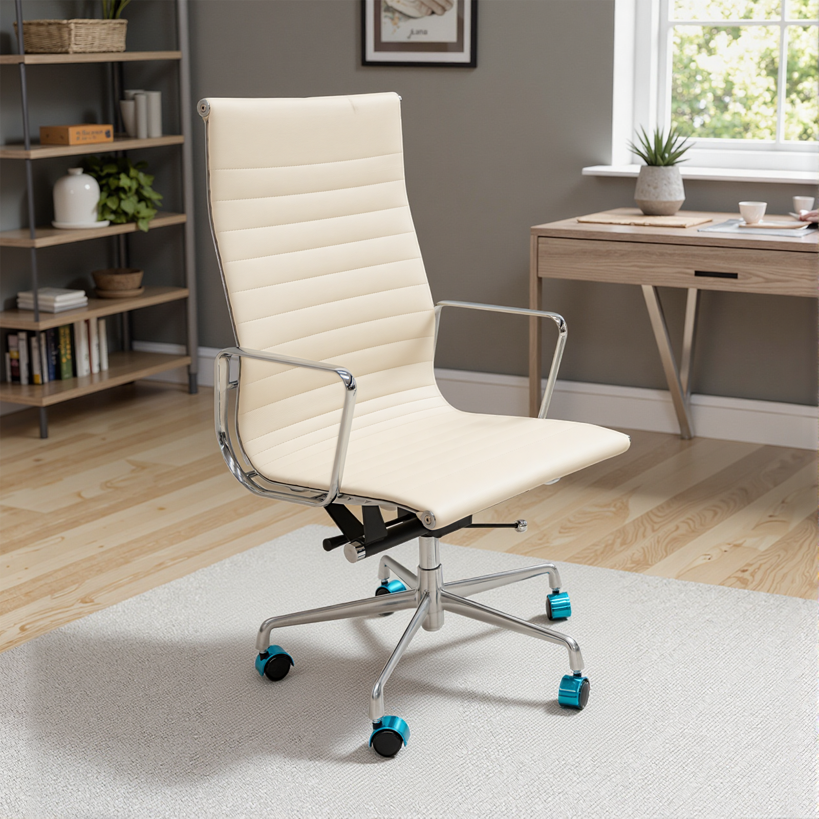 Genuine Leather Swivel Desk Office Chair, Adjustable Aluminum Base Conference Chair for Home Office