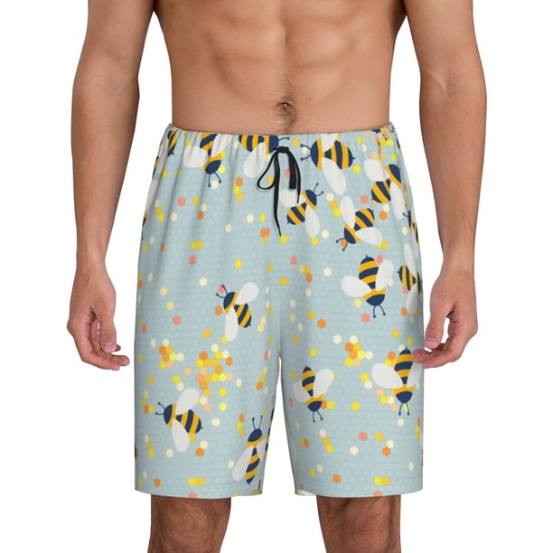 Balery Bees Pantalones cortos de pijama de punto de algodón para hombre con cinturilla y bolsillos-Large