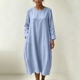 thumbnail image 5 of Lnmiateer Women Crew Neck Linen Midi Dress 3/4 Roll Cuff Sleeve Drop Shoulder Relaxed A-Line Coastal Holiday Weekend Casual Loungewear Outfit, 5 of 8