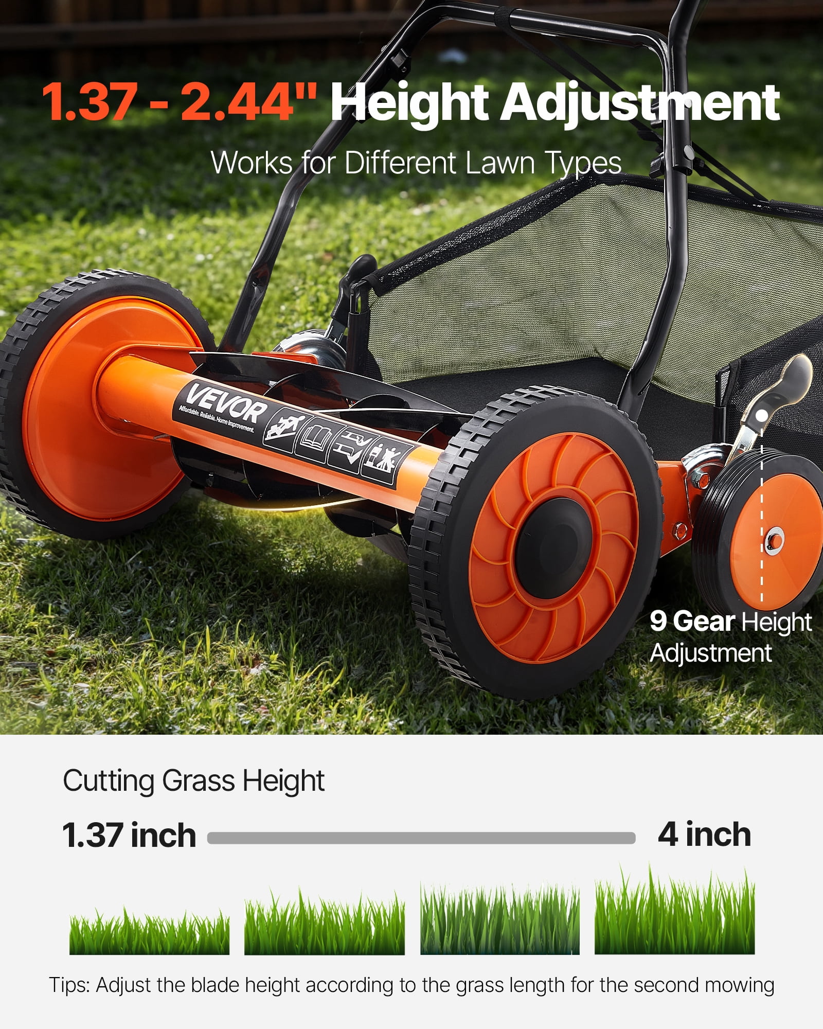 VEVOR Push Reel Lawn Mower 18 inch, 5 Blades Manual Push Mower No Motor, 1.37-2.44 in Adjustable Cutting Height, Walk-Behind Lawn Mowers with Grass Catcher Bag for Green Lawns, Driveways, Courtyards