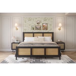 Queen Size Bed Frame with Headboard - Boho Rattan Platform Bed Frame with Reinforced Metal Slats | No Box Spring Required | Sturdy Noise-Free Design for Quiet Sleep | Easy Assembly Modern Bedroom Furn