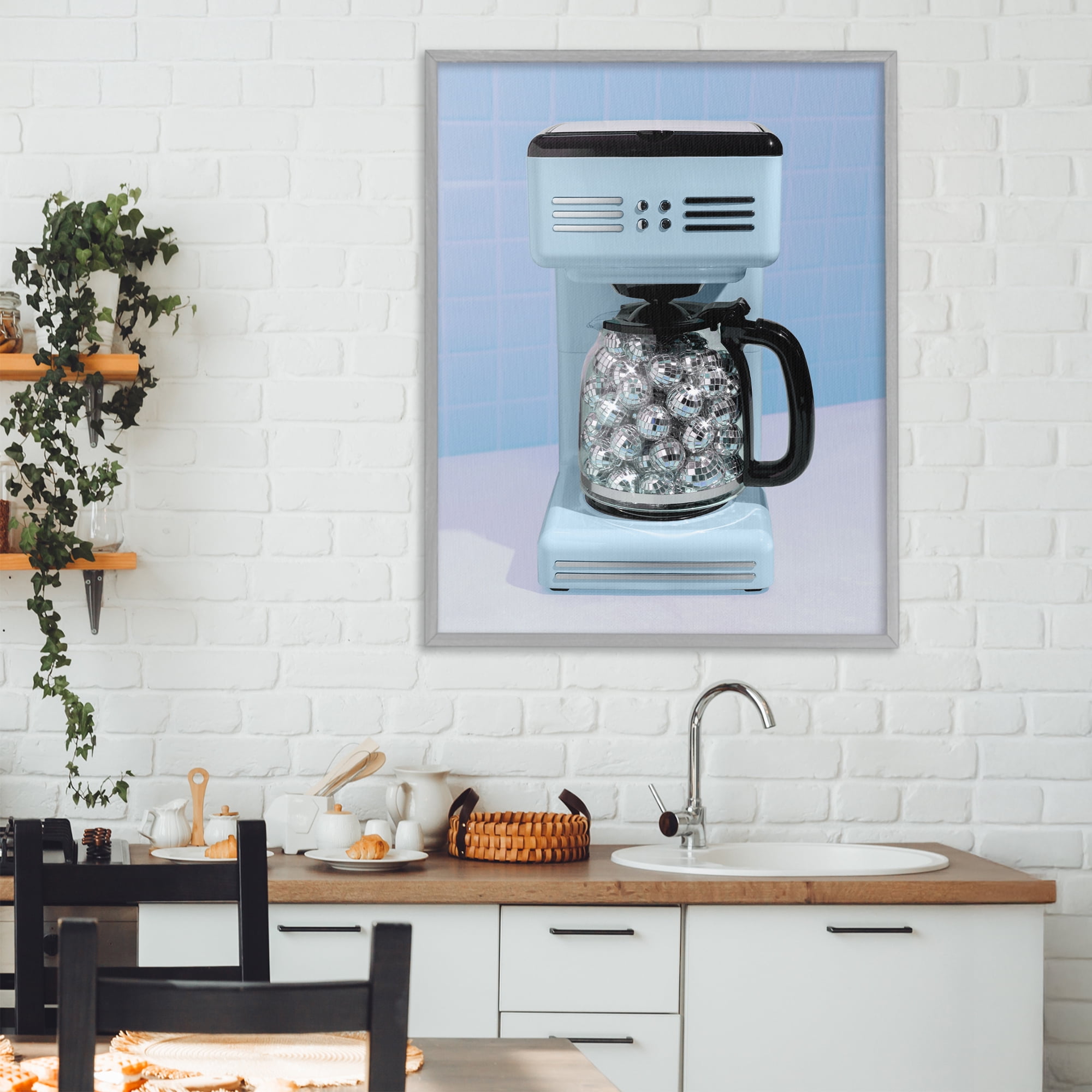 Stupell Industries Disco Coffee Maker over Blue Gray Framed Giclee Art, design by LISH Creative