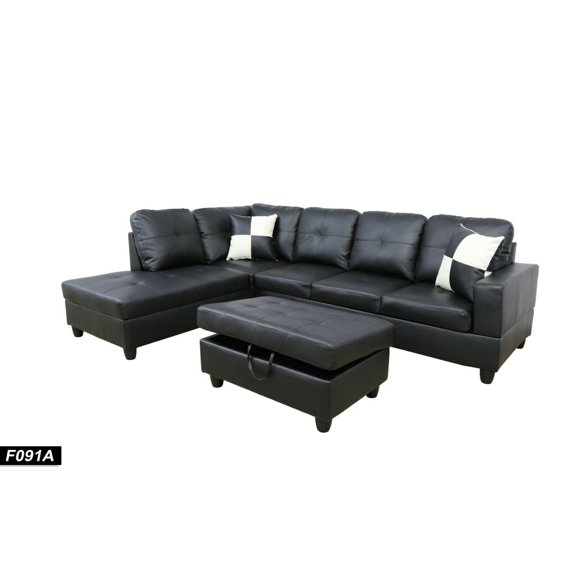 PonLiving Furniture 3 Pcs living Room Sectional set with Ottoman Black Leather PonLiving 3 Pcs living Room Sectional set with Ottoman Black Leather