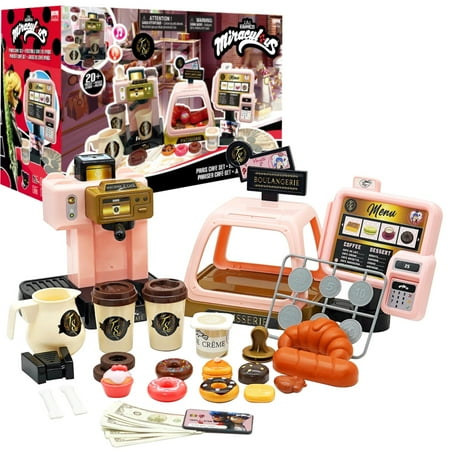 Miraculous Ladybug - Paris Cafe Set, Pretend Role Play Coffee Machine and Interactive Cash Register with Sound and Light, Toys for Kids with Kitchen Accessories, Bakery, Bills and Coins, Wyncor