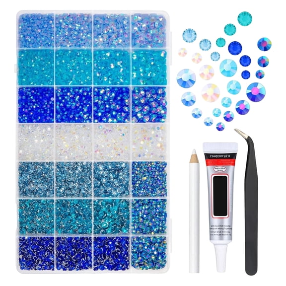 28 Grid Resin Rhinestones Flatback Gems Bedazzling Kit Crafts, Nail Art Projects and DIY, with Jewelry Adhesive Glue for Decorating Clothing, Shoes, Tumblers, Phone Cases and More,Blue