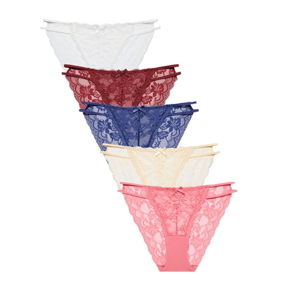 CF Sexy Lace String Bikini Panties 5 Pack Hi Cut Sheer Underwear for Women Seamless Stretch Low Rise Hipster Briefs Ladies Soft Floral Lacy Lingerie(5D,M)