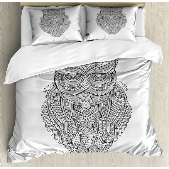 Vintage Tribal Duvet Cover Set, Zentangle Style Doodle Ornamental Owl Outline Print, Decorative 3 Piece Bedding Set with 2 Pillow Shams, Queen Size, Coconut Charcoal Grey, by Ambesonne