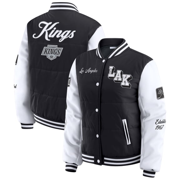 Women's WEAR by Erin Andrews Black/White Los Angeles Kings Varsity Full-Snap Puffer Jacket