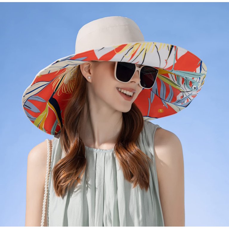 Wide Brim Reversible Sun Hat Wired Edge Foldable UV Protection Women Wide Brim Sun Hat, Wide Brim Wired Edge Floral Beach  main image 3