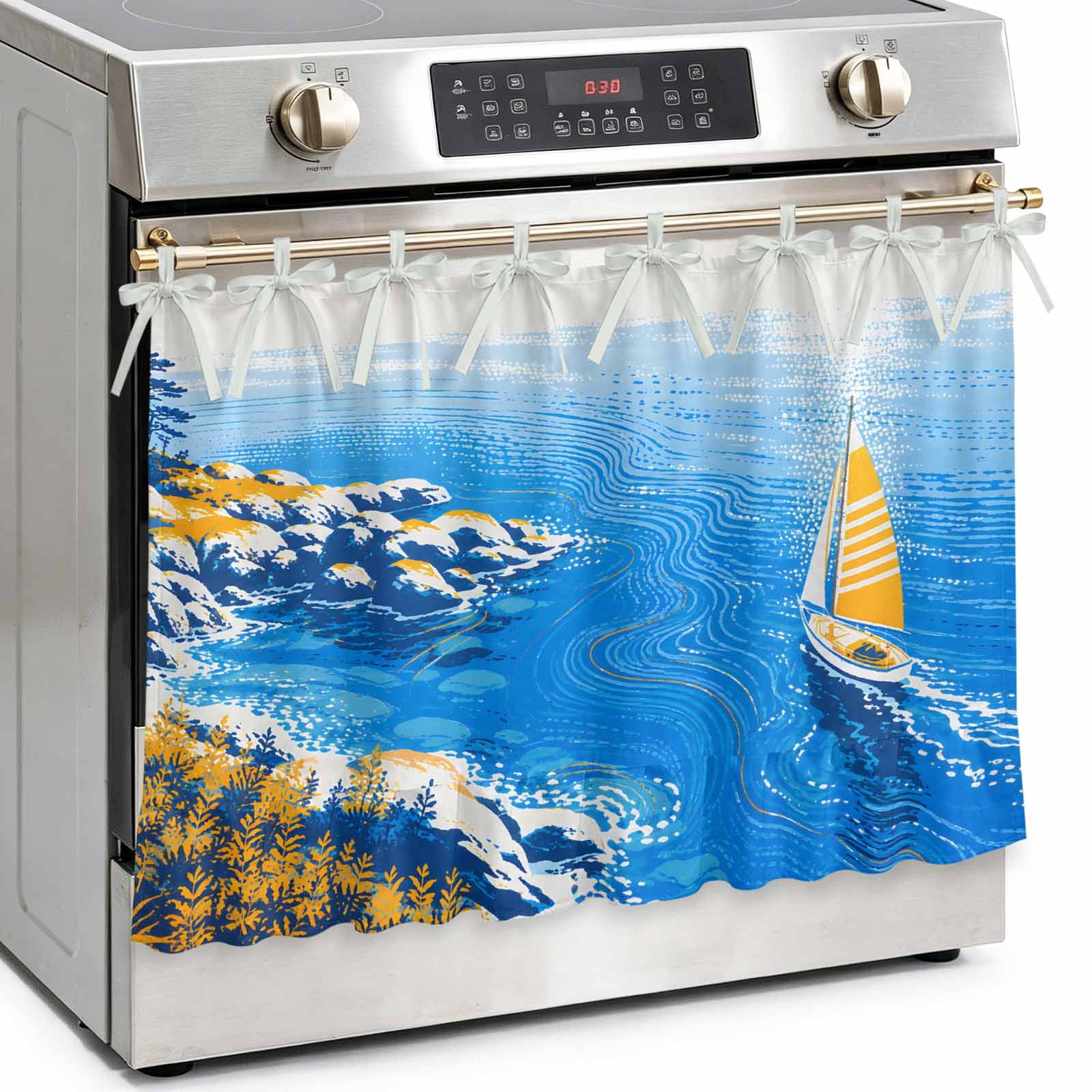 Coastal Sailboat Oven Skirt Curtain Kitchen Stove Skirt Cover with Tie Top Summer Beach Ocean Waves Rock Modern Decorative Cabinet Cover Dishwasher Curtain for Farmhouse Decor 27x20 Inch