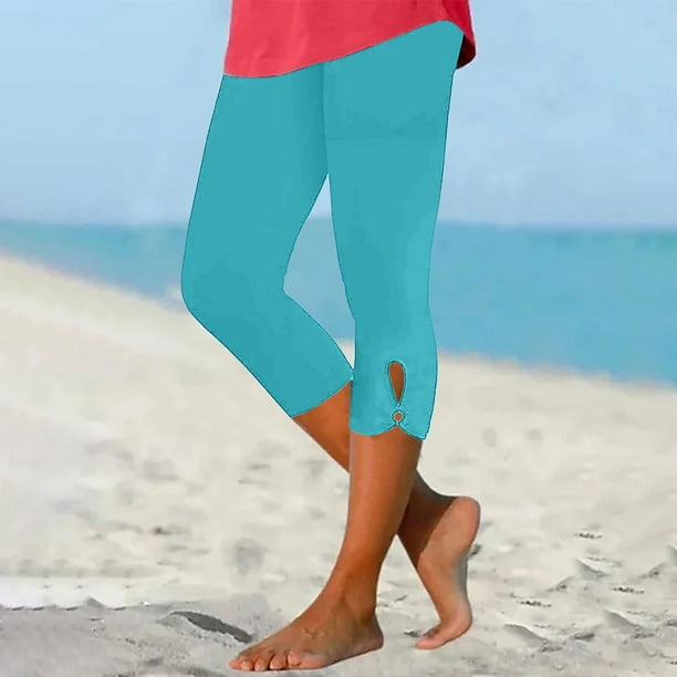 ICHUANYI Clearance Women's Summer High Waisted Solid Color Capris Matching Slim Fitting Yoga Gym Pants(Sky Blue, XXL) ICHUANYI WER2023080810290