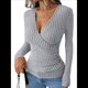 thumbnail image 1 of Camisas de Larga para Mujer, Cuello en V, Punto Acanalado, Corte Ajustado, Suéter con Botones, Blusa Informal de Trabajo para Otoño. Gris M, 1 of 10