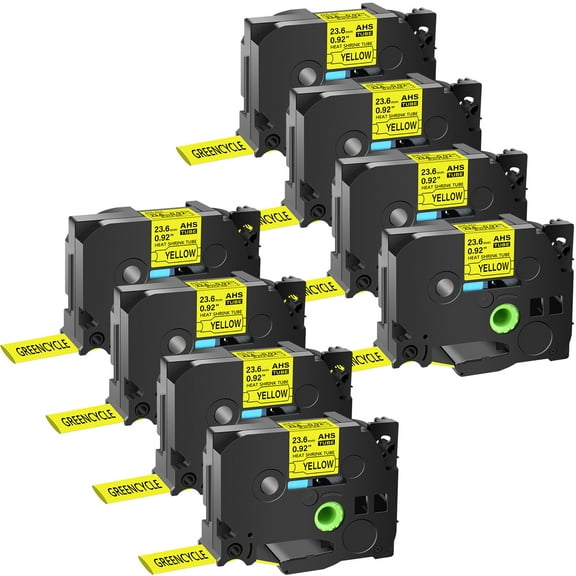 GREENCYCLE 8PK Compatible for Brother P-touch HSE-651 HS-651 HSe651 HS651 23.6mm 0.92" Black on Yellow Heat-shrink Label Tape