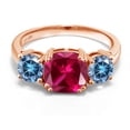 thumbnail image 2 of Gem Stone King 18K Rose Gold Plated Silver Red Created Ruby and Persian Blue Moissanite 3 Stone Engagement Ring for Women (3.50 Cttw, Gemstone July Birthstone, Cushion 8MM, Size 6), 2 of 5