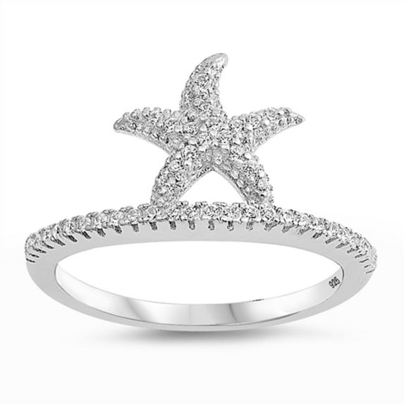 Pave Set Clear Cubic Zirconia Starfish Ring Sterling Silver Size 10