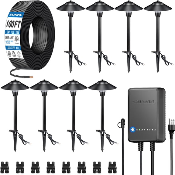 SUNVIE All-in-One Low Voltage Pathway Lighting Kit, 8 Pack LED Light with Transformer and Wire
