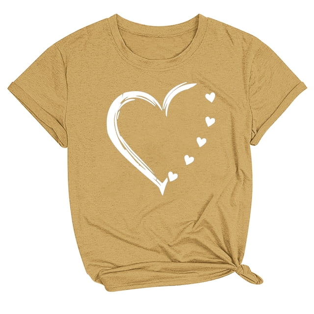 Bowake T-Shirt de la Saint-Valentin pour Femmes T-Shirt Mignon Imprimé Cœur Manches Courtes Col Rond Graphiques Hauts Jaune