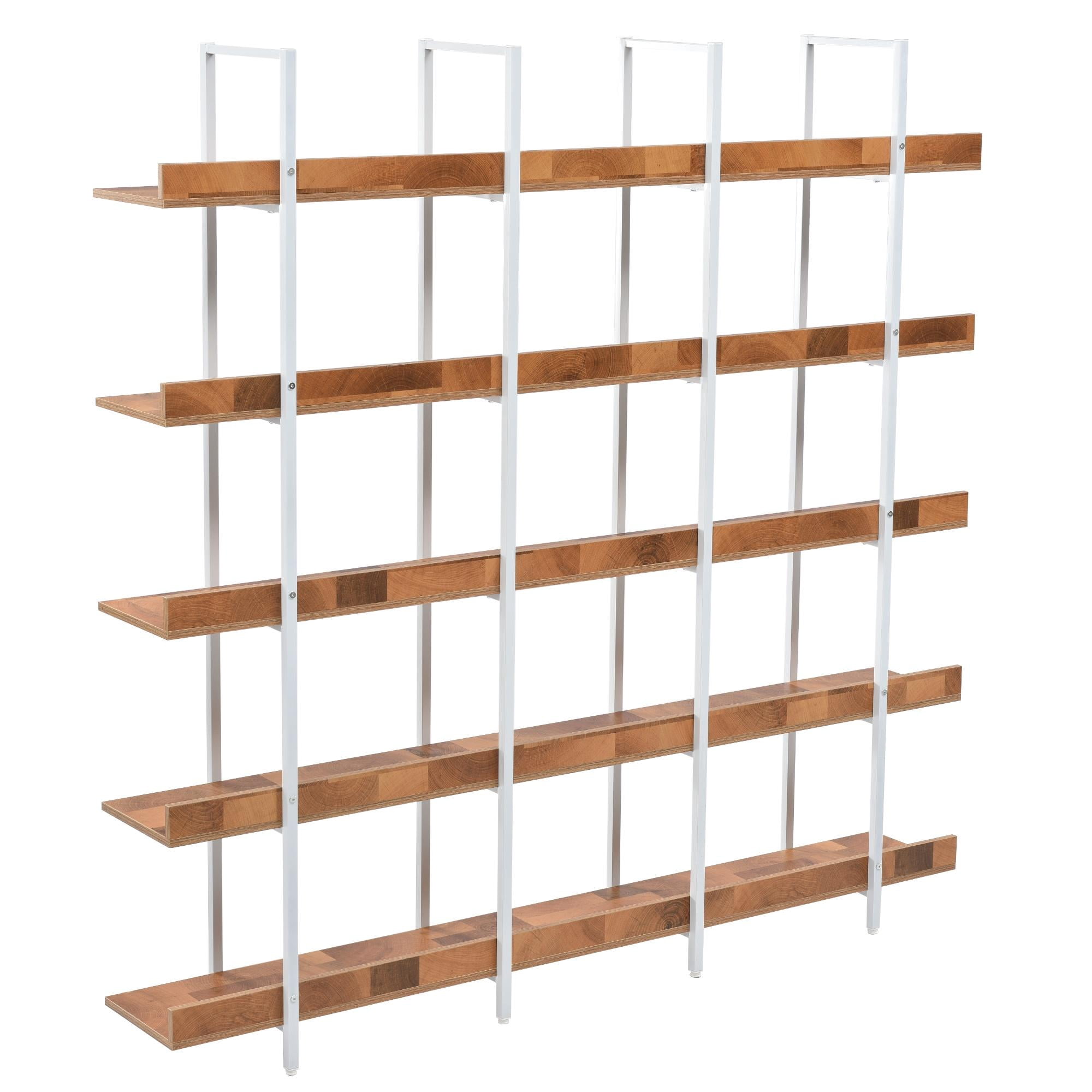PORKISS 5 Tier Bookcase, Wood & Steel Open Bookshelf with Metal Frame, Square Vintage Industrial Style Tall Bookshelf, Modern Freestanding Etagere Bookcase for Home Office, Brown/White