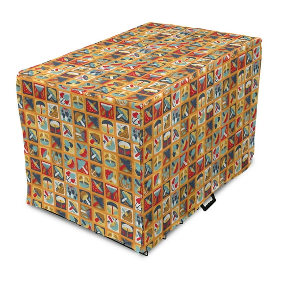 Autumn Dog Crate Cover, Various Seasonal Abstract Mushroom Doodles Patchwork Printed Illustration, Easy to Use Pet Kennel Cover Small Dogs Puppies Kittens, 7 Sizes, Dark Pink Marigold, by Ambesonne