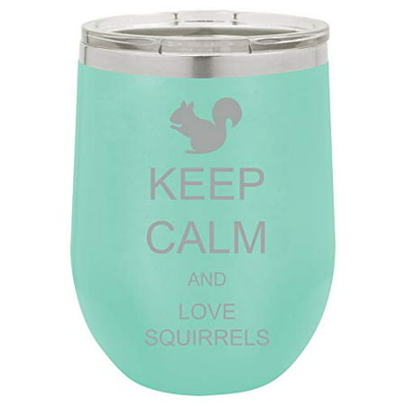 

12 oz Double Wall Vacuum Insulated Stainless Steel Stemless Wine Tumbler Glass Coffee Travel Mug With Lid Keep Calm And Love Squirrels (Teal)