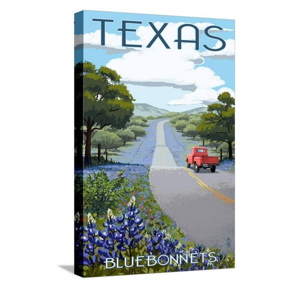 Art.com Texas - Bluebonnets and Highway Stretched Canvas Print Wall Art by Lantern Press, 12" x 18"