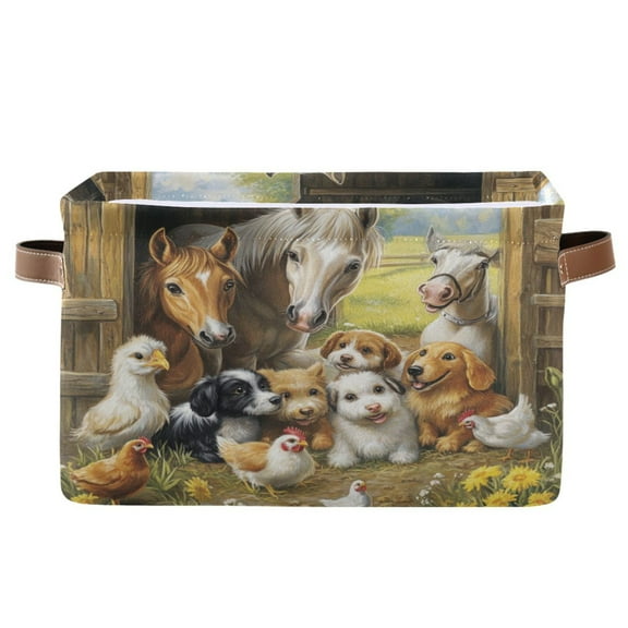 WOBOGO Farm Animals Square Storage Basket with Waterproof Canvas and PE Lining Durable PU Leather Handles 14.2×10.2×8.3in
