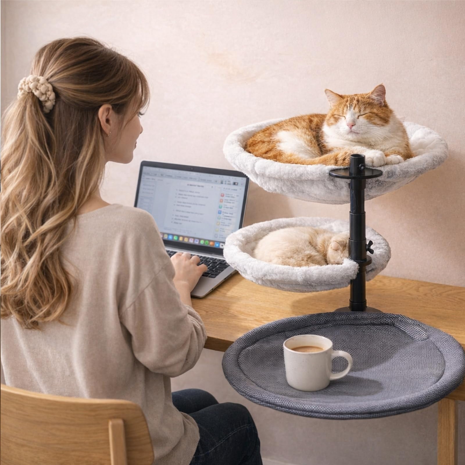 Cat Desk Bed with 360° Rotating Arm, Desk Mounted Cat Hammock with 2 Washable Pads, Heavy Duty Cats Perch, Easy Clamp Install, Supports 45 lbs for Home Office