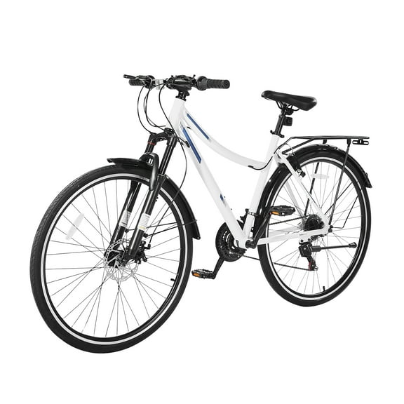 KFFKFF Hybrid Bike with Lightweight Aluminum Frame, 700c Wheels for Men and Women, Step-Through Urban Commuter Bicycle, 21-Speed Drivetrain, Dual Brakes, and Front Suspension